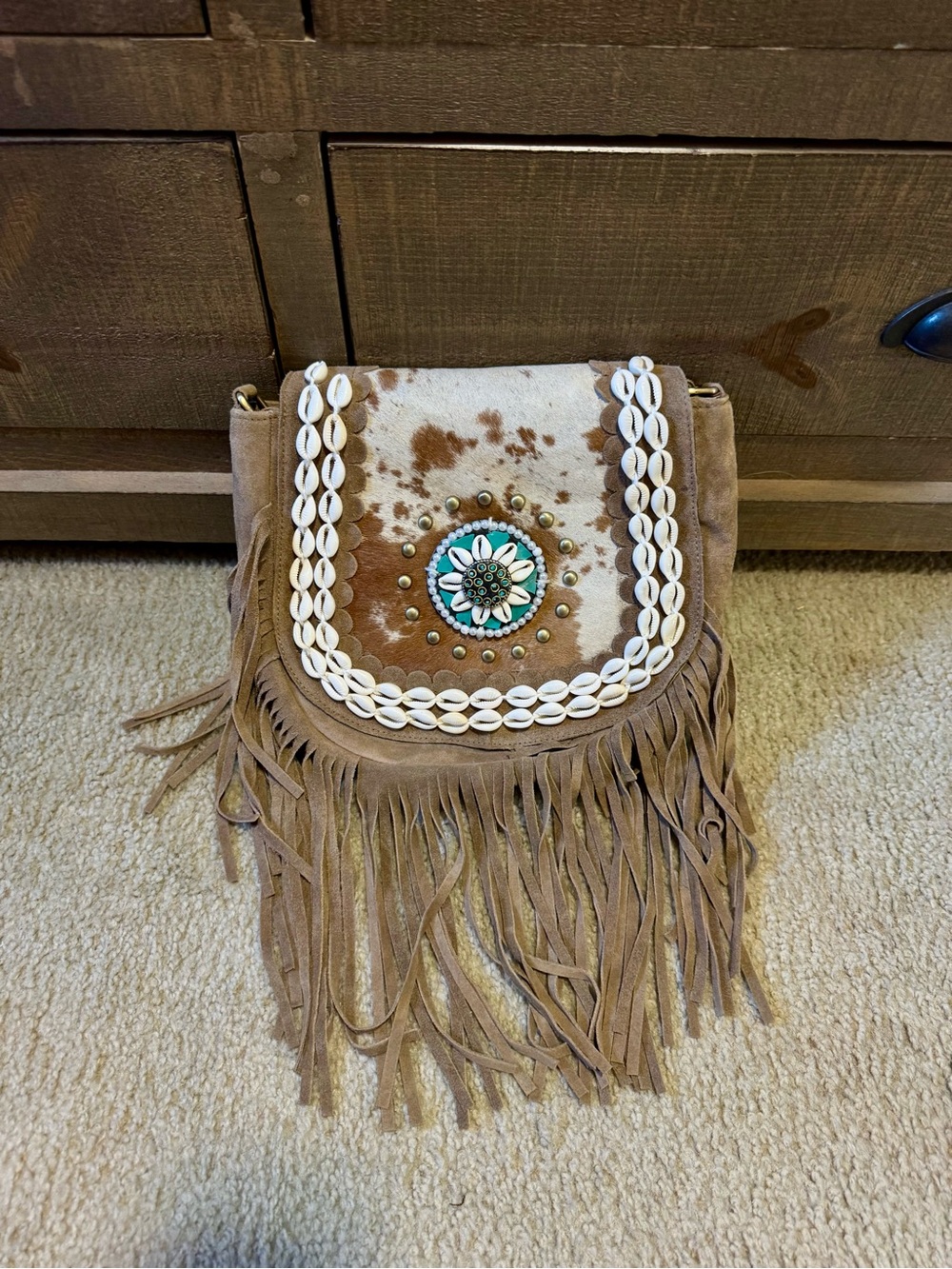 Western Boho Fringe SeaShell Accent Cowhide Crossbody Bag
